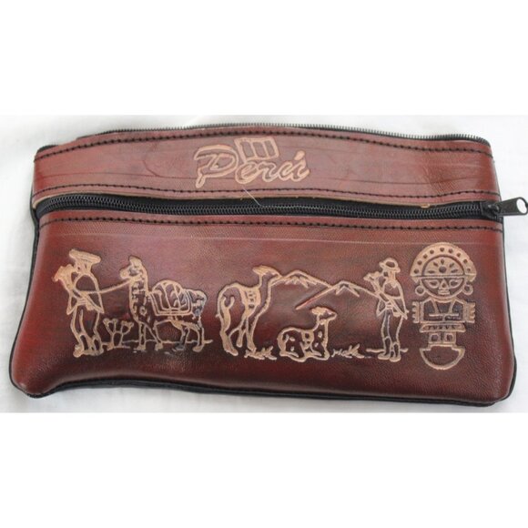Peruvian Peru Leather Pouch Wallet tooled Native Llama Tumi Native Zipper - Picture 1 of 3